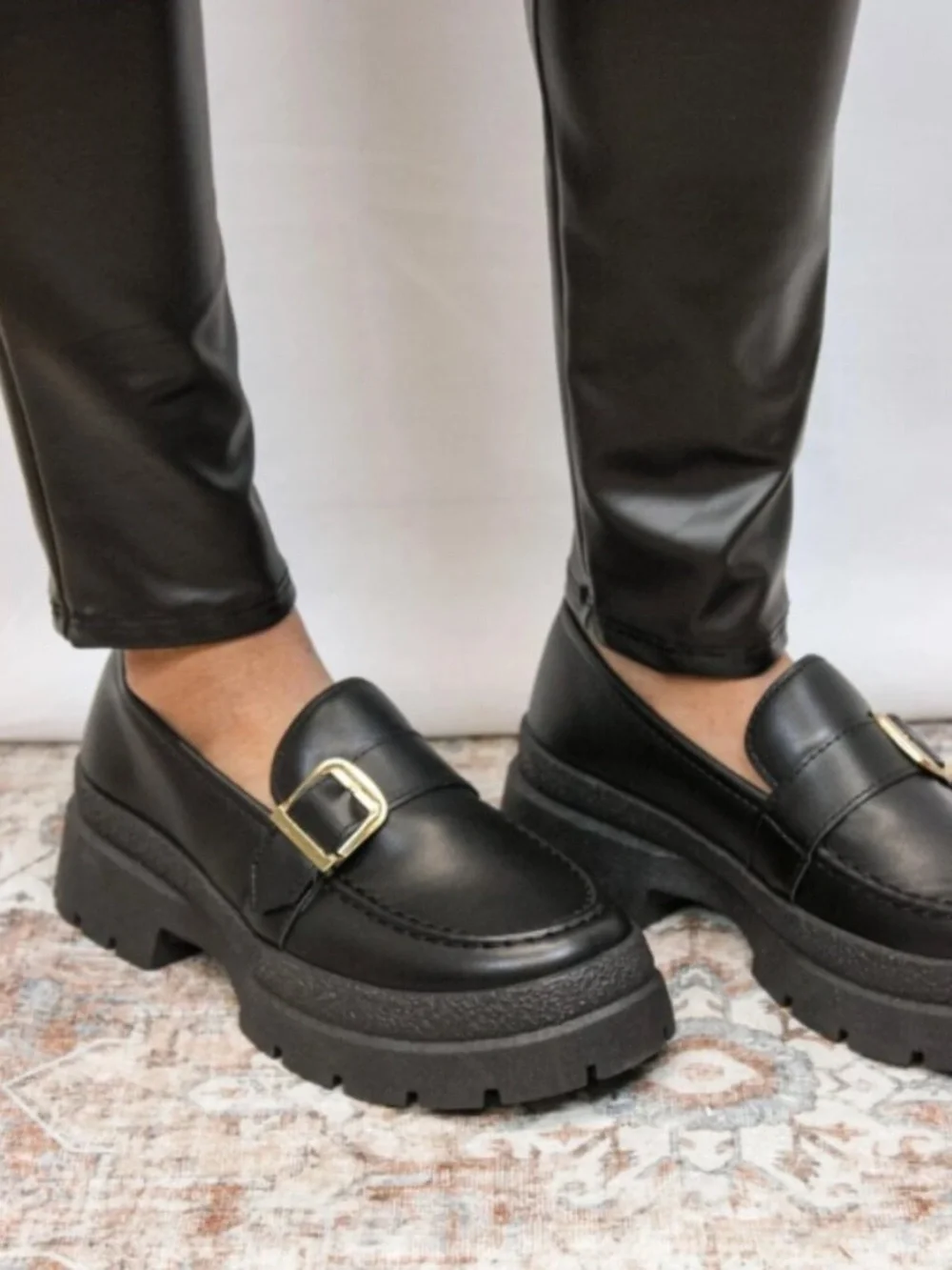 Qupid Black Chunky Faux Leather Platform Loafers with Gold Buckle